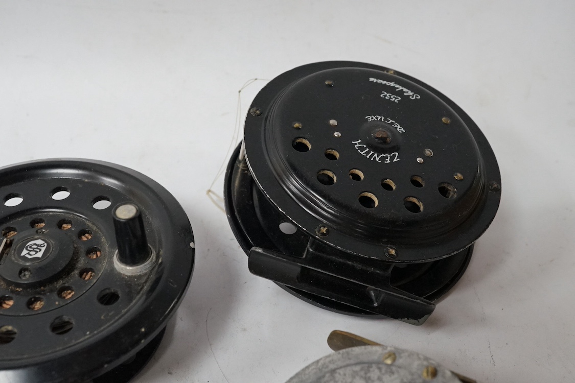 Sundry items comprising five fishing reels, a Chinese silver sedan chair and a Chinese jade comb. Condition - mostly fair